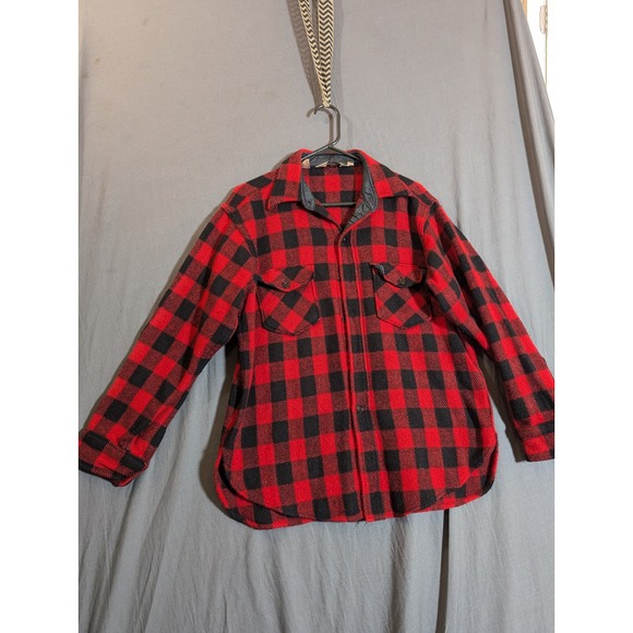 Woolrich Red Black Buffalo Plaid Wool Shirt Jacket Mens Size L Lined‎